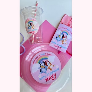 Piatti personalizzati Blue Dog, set da tavola per bambini Blue Dog, posate personalizzate Blue Dog, tazze personalizzate Blue Dog, festa Blue Dog, decorazioni rosa Blue Dog