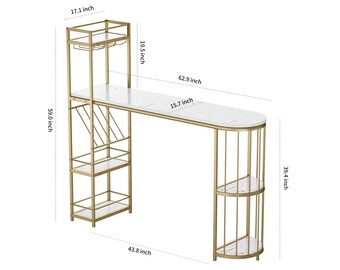 63" Modern White Kitchen Bar Height Dining Table Wood Breakfast Pub Table with Gold Base with Shelves, Glass Rack, Wine Bottle Rack