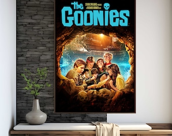 May include: A movie poster for the film "The Goonies" featuring a group of children in a cave with a pirate ship in the background. The poster has a blue and white color scheme and features the film's title in large, bold letters.