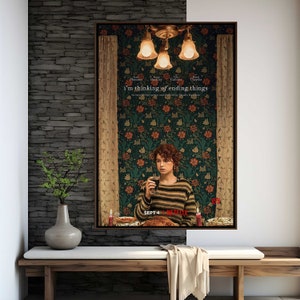 May include: A movie poster for the film "I'm Thinking of Ending Things" starring Jesse Plemons, Jessie Buckley, Toni Collette, and David Thewlis. The poster features a woman holding a glass of wine in front of a floral wallpaper. The text "SEPT 4" and the Netflix logo are also visible.