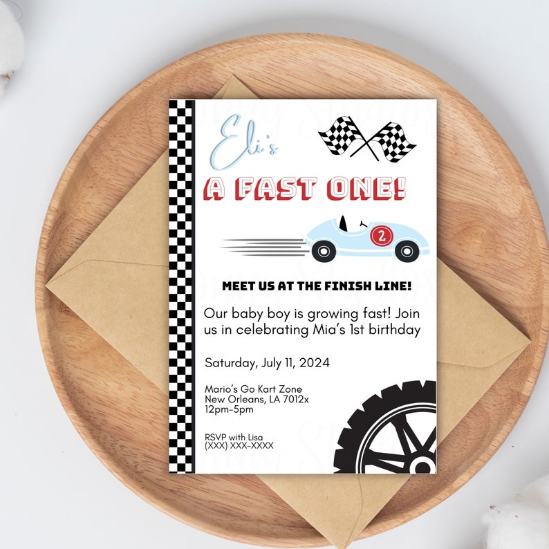 Fast One Race Car Invitation Birthday Invitation Editable Invitations
