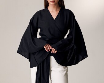 Chemise kimono en lin, haut portefeuille en lin, haut kimono en lin, chemisier kimono, chemise kimono japonaise, kimono court pour femme, chemisier en lin noir