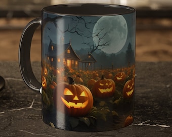 Spooky Pumpkin Patch Coffee Mug - Jack O&#39; Lanterns, Haunted House, Halloween Fall Decor, Scary Autumn Cup, Cozy Seasonal Gift, 11oz Mug