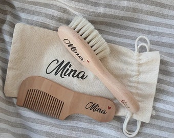 Personalized newborn baby hairbrush and comb set with 100% natural wooden handle