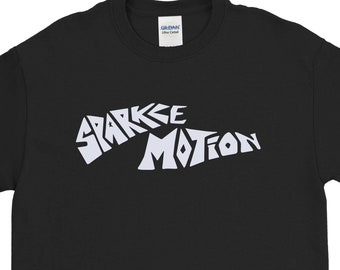 May include: Black t-shirt with a white graphic of the text "Sparkee Motion" in a wavy, stylized font.