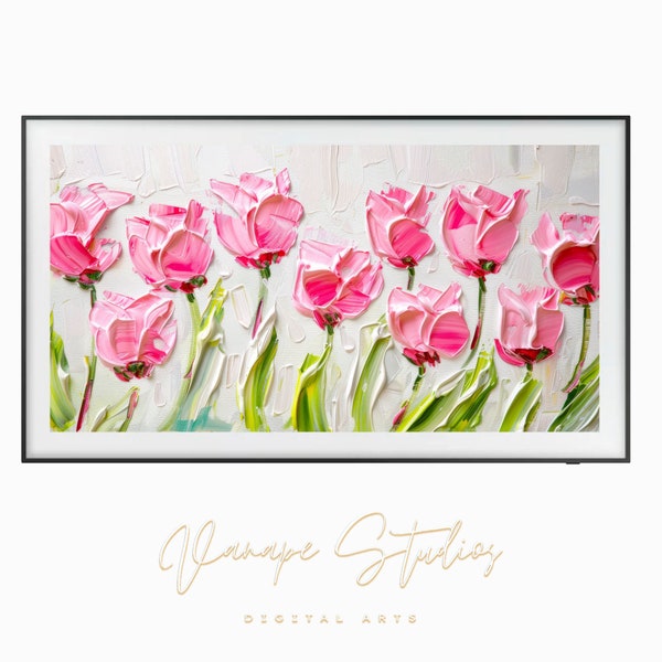 Oil painting of pink tulips in the style of impasto, dreamy style - Frame TV Digital art | FTV011