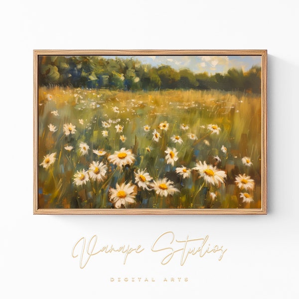 Field of daisies in the style of impressionist oil painting, with a grassy meadow and trees | SP10