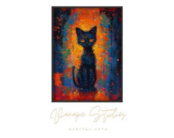 Abstract painting of a cute black cat in orange and blue colors with colorful splashes | MP01