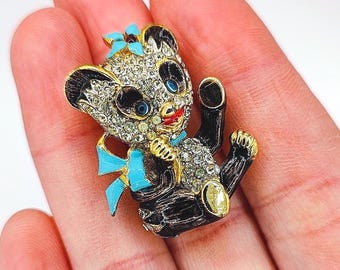 Marcel BOUCHER Signed Teddy Panda Bear Pin Enamel with Clear Rhinestone Accents Vintage RARE
