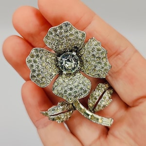 JOMAZ Joseph Mazer Silver Tone Clear Crystal Pave Rhinestone Signed Vintage Flower Floral Brooch Pin 1950's