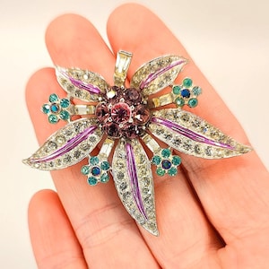 Marcel BOUCHER Amethyst Purple Sapphire Blue Clear Crystal Rhinestone Signed Flower Floral Pin Brooch
