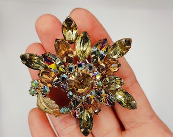 HATTIE CARNEGIE Vintage Flower Floral Brooch Pin: Amber Aurora Borealis Rhinestones