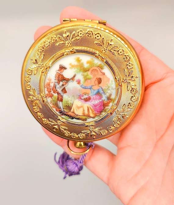 Vintage LIMOGES French Gold Tone Powder Mirror Compact Makeup - Etsy display picture 1