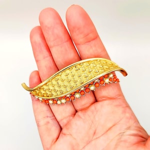 Marcel Boucher Coral Pearl Brooch: Gold & Silver Tone Leaf Pin