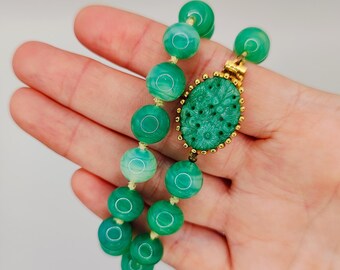 JOMAZ Joseph MAZER Jadeite Bead Carved Gold Tone Choker Necklace Signed Vintage