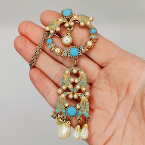 SPHINX Gold Tone Turquoise Pearl Rhinestone Pendant Necklace Egyptian Revival Vintage Signed