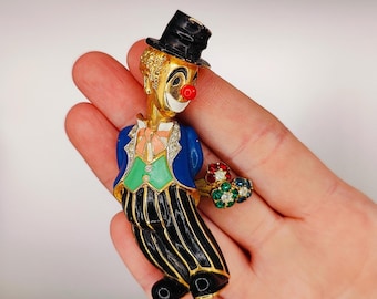 JOMAZ Clown Joseph MAZER Vintage Signed Gold Tone Enamel Red Clear Green Blue Rhinestone Brooch Pin