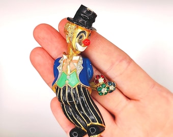 Vintage JOMAZ Clown Brooch: Signed Joseph Mazer Gold Tone Rhinestone Enamel Pin