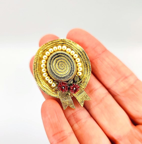 Vintage CINER Sun Bonnet Brooch: Gold Tone Enamel Flowers & Pearls