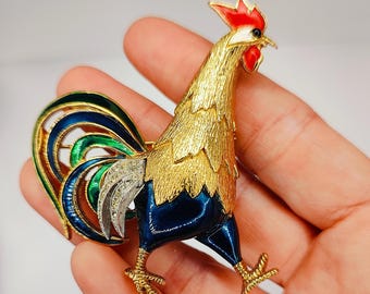 Early Vintage JOMAZ Joseph Mazer Rooster Enamel Crystal Brooch Pin Signed