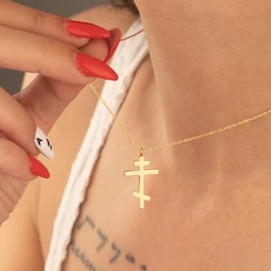 14K Gold Delicate Orthodox Cross Necklace: Christian Baptism Jewelry