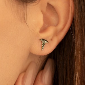 Caduceus Gold Stud Earrings | Greek Mythology Jewelry