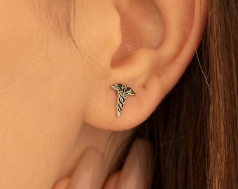 Caduceus Gold Stud Earrings | Greek Mythology Jewelry