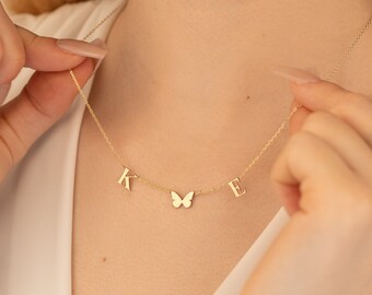 14K Gold Initial Necklace with Butterfly | Personalized Letter Name Necklace