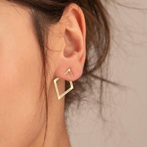14K Gold Plated Rhombus Ear Jacket Earrings | 925 Sterling Silver Front Back Earrings