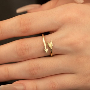 May include: A gold-colored ring with an arrow design. The ring features an arrow pointing down and an arrow pointing to the right. The ring is worn on a finger.