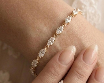 Marquise CZ Tennis Bracelet, Gold Dainty Bridal Wedding Jewelry, Sterling Silver