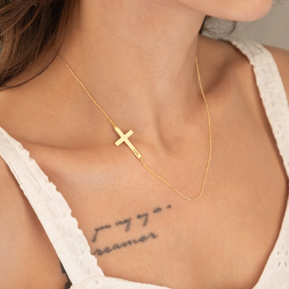 14K Solid Gold Sideways Cross Necklace: Personalized Baptism Gift