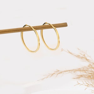 Può includere: Un paio di orecchini a cerchio dorati. Gli orecchini sono semplici ed eleganti e sarebbero un'ottima aggiunta a qualsiasi collezione di gioielli.