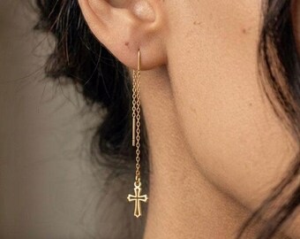 Gold Cross Threader Earrings, Minimalist Dangle, Delicate Chain Jewelry