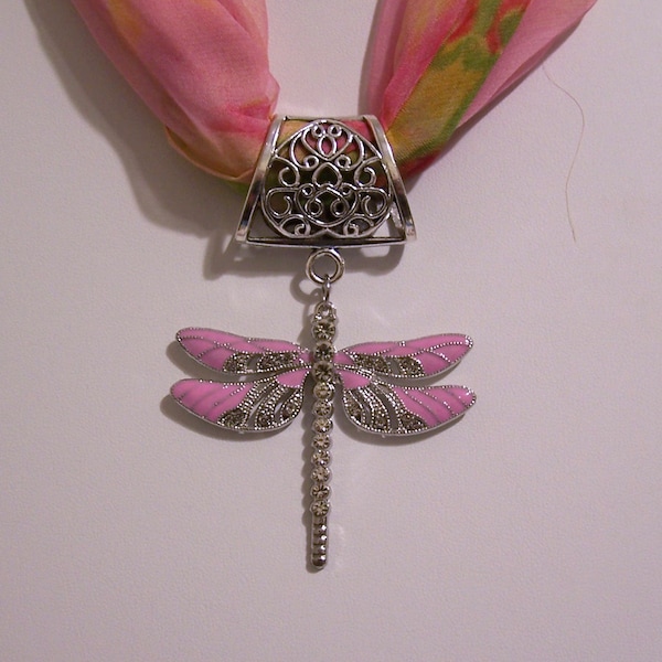 Dragonfly with Rhinestones on silvertone scarf slide, scarf jewelry, scarf pendant, scarf bail, scarf accessory.  Free shipping
