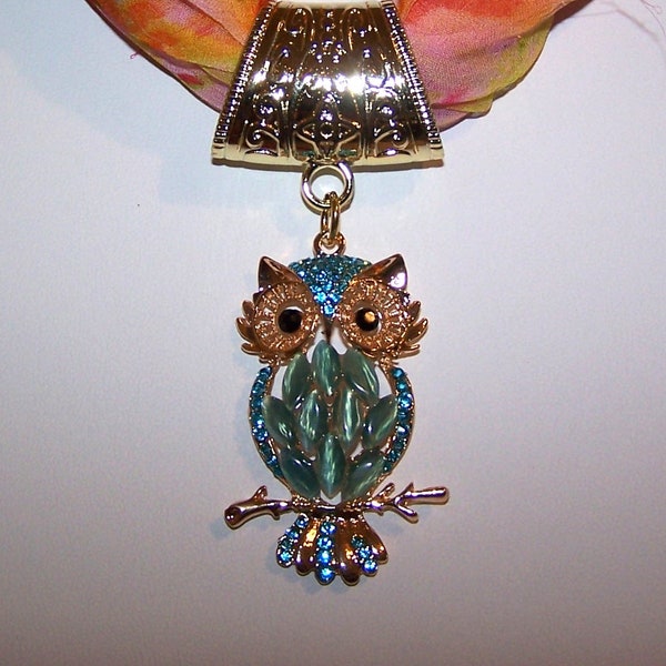 Jeweled Owls scarf slide, scarf jewelry, scarf pendant, scarf bail, scarf accessory.  Free shipping