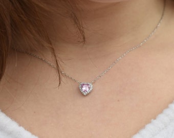 Pink heart necklace | Pink sapphire | Sterling silver | Lucky charm | Minimalistic jewelry | Rhodium plated | Heart |