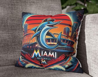 Miami Marlins Baseball Pillowcase, Baseball Decor, Sports Decor, Baseball Pillow, Zipper Pillow Cover, Gift for Baseball Fans, Mancave Decor