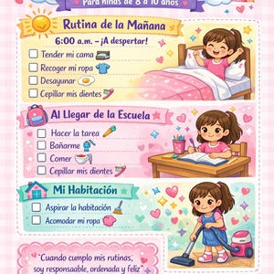 May include: A pink and purple daily routine chart for girls aged 8-10, featuring illustrations of a girl completing tasks like making her bed, doing homework, and cleaning her room. The chart includes text in Spanish.