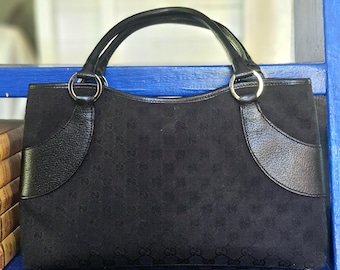 Vintage Gucci Tote Bag Black GG Canvas Leather Trim Horsebit