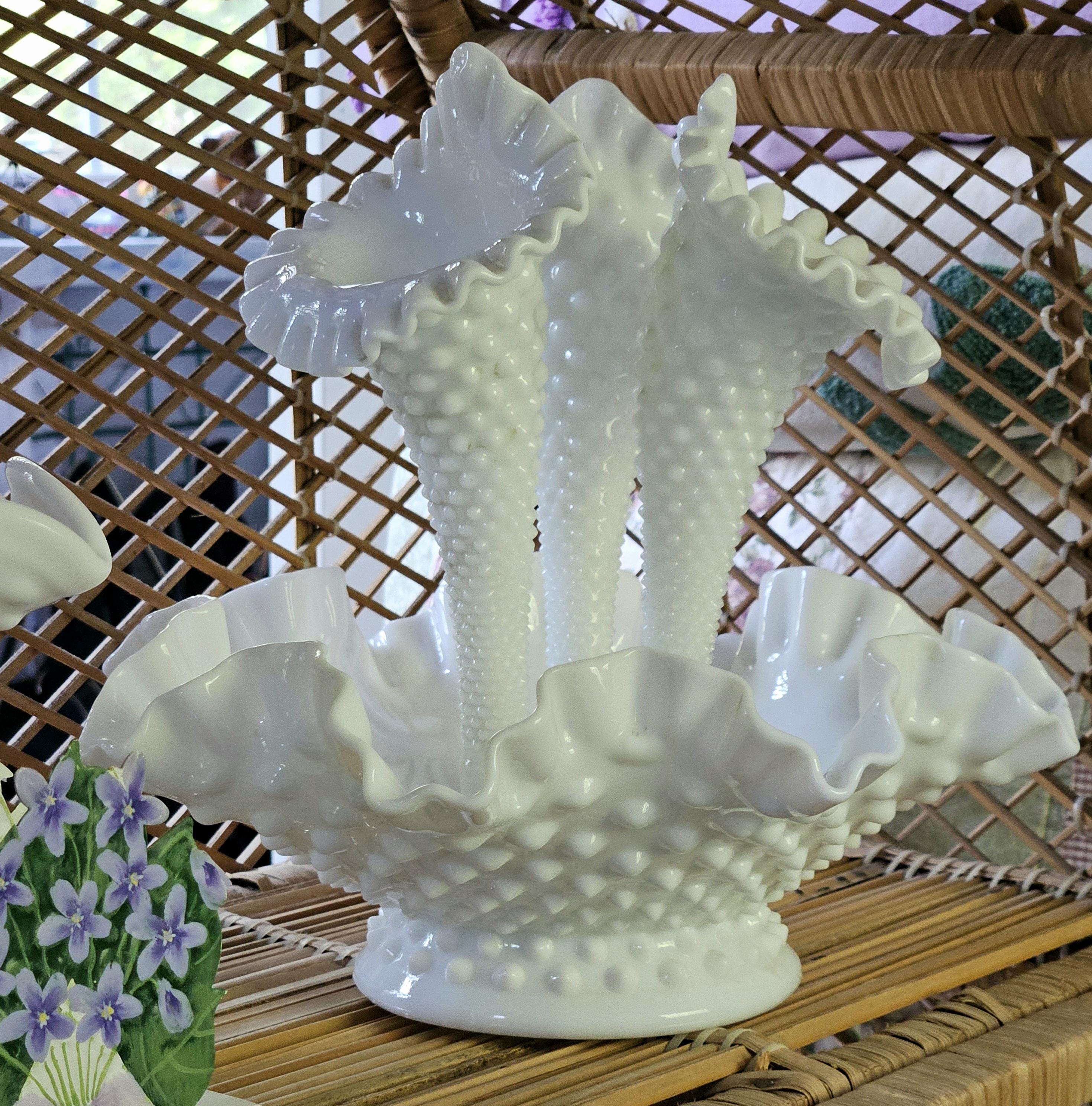 Vintage Fenton Epergne Hobnail Milk Glass-10 Inch 4 Piece Flower Vase