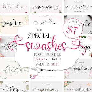 May include: A collage of 12 colourful images featuring different cursive fonts. The text reads "The Special Swashes Font Bundle 75 fonts included Valued £915".