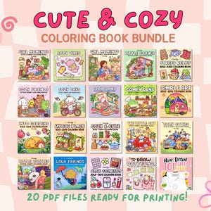 以下が含まれることがあります： キュートで居心地の良いテーマの、20冊の印刷可能な塗り絵のバンドル。表紙には、「Girl Moments」や「Cozy Vibes」などのタイトルが付いた、さまざまなシーンやキャラクターのカラフルなイラストが描かれています。「Cute & Cozy Coloring Book Bundle」というテキストが上部にあります。