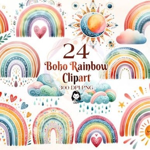 Bundle de cliparts arc-en-ciel bohème aquarelle - clipart baby shower | Transparents png | Art pour chambre d'enfant