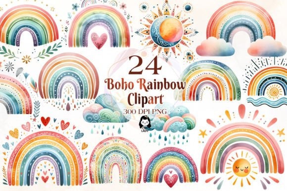 Watercolor Boho Rainbow Clipart Bundle - Baby Shower Clip Art | Transparent Pngs | Nursery Art