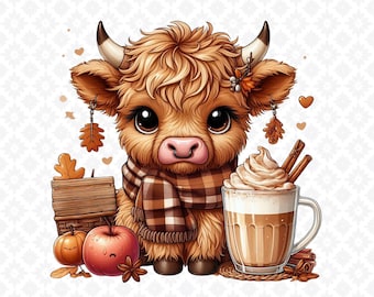 Fall Highland Cow PNG, Cute Fall Cow PNG, Fall Clipart, Autumn png, Coquette Fall PNG, Sublimation Designs for fall