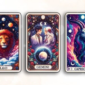 May include: Three tarot cards with zodiac signs Leo, Gemini, and Capricorn. Each card features a celestial scene with a moon, stars, and a constellation. The Leo card shows a lion, the Gemini card shows a couple, and the Capricorn card shows a goat.