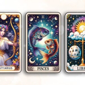 May include: Three tarot cards with zodiac signs Sagittarius, Pisces, and Libra. Each card features a celestial background with stars, planets, and constellations. The Sagittarius card shows a woman with a bow and arrow, the Pisces card shows two fish, and the Libra card shows a scale.