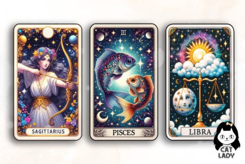 May include: Three tarot cards with zodiac signs Sagittarius, Pisces, and Libra. Each card features a celestial background with stars, planets, and constellations. The Sagittarius card shows a woman with a bow and arrow, the Pisces card shows two fish, and the Libra card shows a scale.