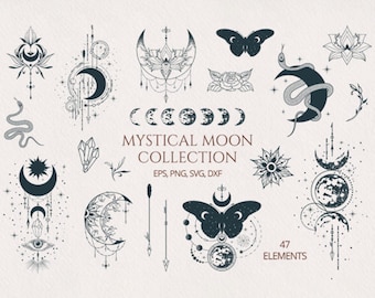 47 Hand Drawn Mystical Moon SVG Bundle - Celestial Moon Bundle, Moon Design Collection, Witches Svg, Magic Svg Bundle, Moon Girls Svg